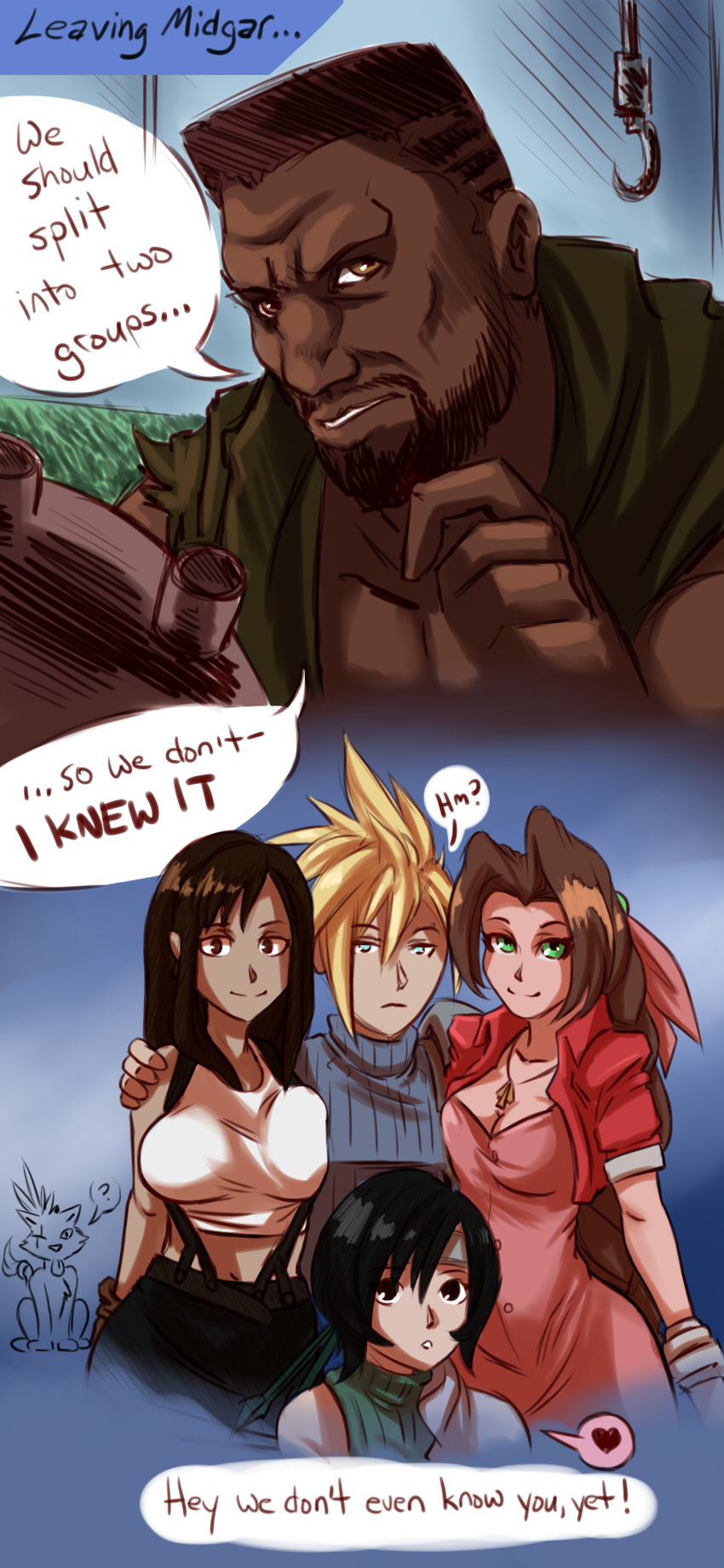 2boys 2koma 3girls ? aerith_gainsborough barret_wallace beard black_hair blonde_hair blue_eyes braid breasts brown_hair cleavage cloud_strife comic crew_cut dark_skin english expressionless facial_hair final_fantasy final_fantasy_vii green_eyes harem headband heart highres large_breasts long_hair multiple_boys multiple_girls plague_of_gripes red_xiii short_hair single_braid smile spiky_hair spoken_heart tifa_lockhart very_dark_skin very_long_hair yuffie_kisaragi