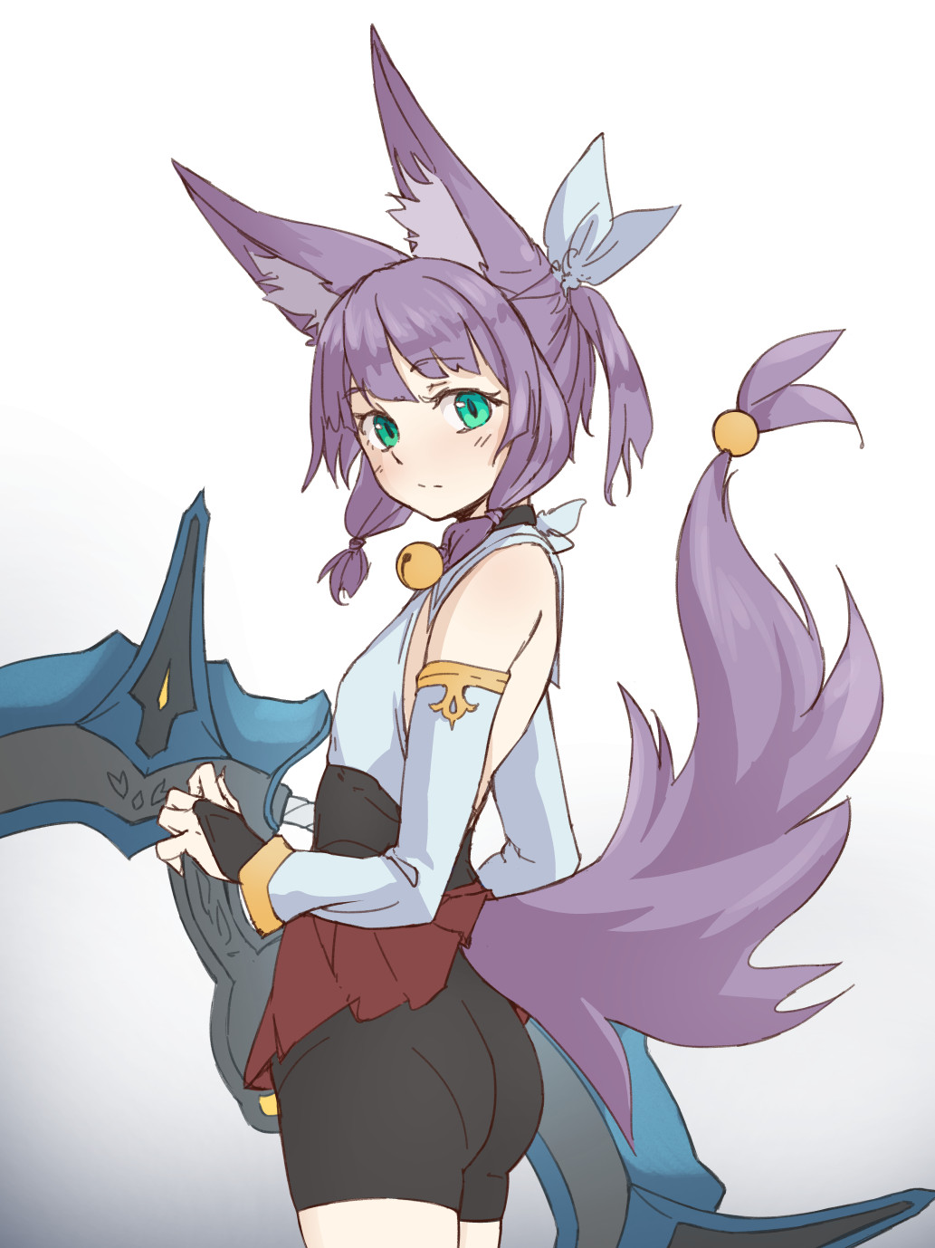 1girl animal_ears aqua_eyes ass bare_shoulders bell bell_collar bike_shorts blush bridal_gauntlets collar detached_sleeves flat_chest fox_ears fox_tail highres huge_weapon looking_at_viewer miniskirt original pas_(paxiti) purple_hair sanka_(pas) short_hair shorts_under_skirt skirt solo tail tail_ornament two_side_up weapon
