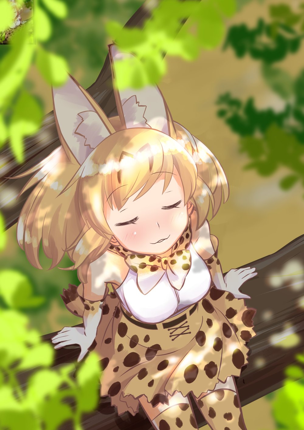 1girl :3 animal_ears bare_shoulders blonde_hair blush bow bowtie closed_eyes commentary_request elbow_gloves extra_ears from_above gloves high-waist_skirt highres kemono_friends multicolored_hair print_gloves print_legwear print_neckwear print_skirt serval_(kemono_friends) serval_ears serval_girl serval_print serval_tail shirt short_hair sitting skirt sleeveless solo taguchi_makoto tail thigh-highs white_shirt zettai_ryouiki