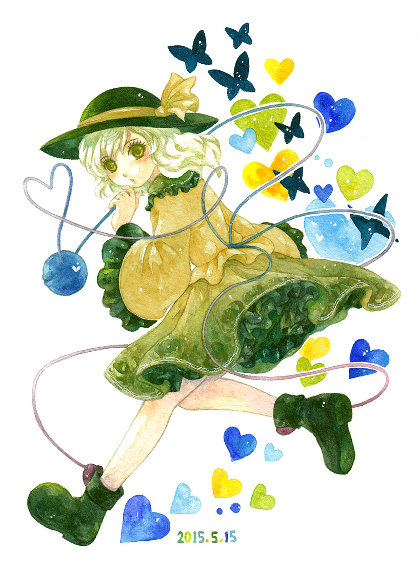 1girl bow butterfly from_side green_eyes green_hair hat hat_bow heart heart_of_string komeiji_koishi shiroma_(mamiko) solo third_eye touhou