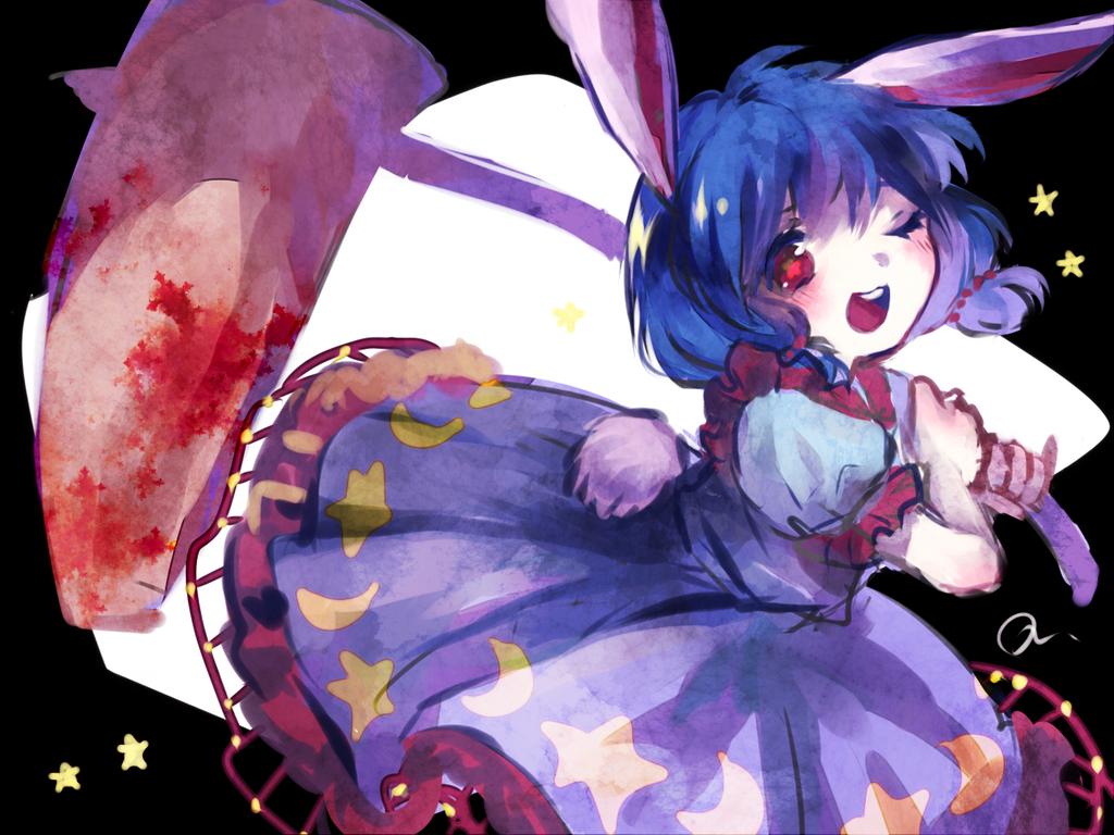 1girl animal_ears blood blue_dress blue_hair blush bunny_tail dress hammer looking_at_viewer low_twintails one_eye_closed open_mouth puffy_sleeves rabbit_ears red_eyes sanso seiran_(touhou) short_hair short_sleeves smile solo star star-shaped_pupils symbol-shaped_pupils tail touhou twintails