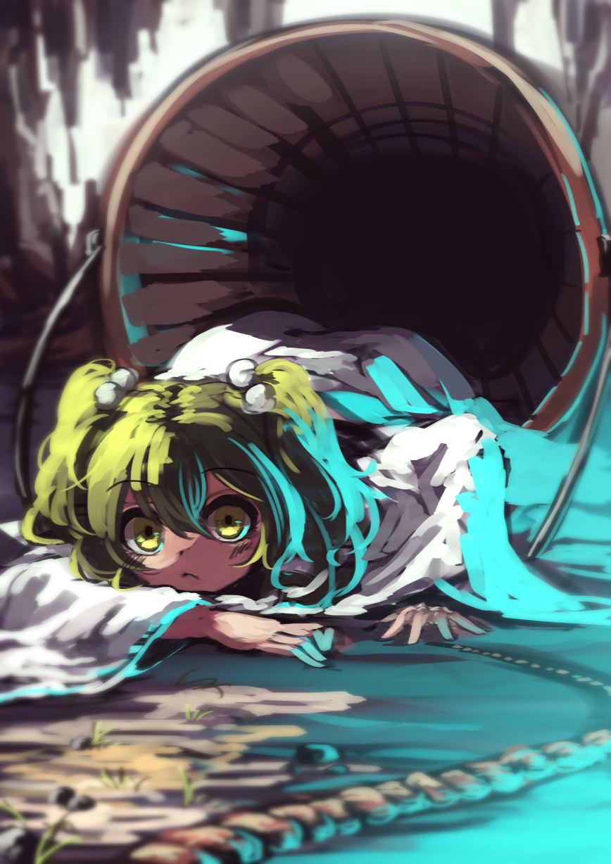 1girl berabou blurry blush bucket green_eyes green_hair hair_bobbles hair_ornament highres japanese_clothes kimono kisume long_sleeves looking_at_viewer lying on_ground on_stomach rope solo touhou twintails wide_sleeves yukata