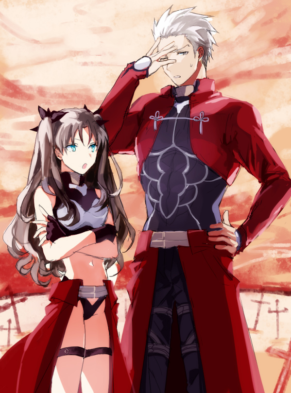 1boy 1girl :o archer archer_(cosplay) black_panties blue_eyes brown_hair crossed_arms fate/stay_night fate_(series) fingerless_gloves gloves hair_ribbon long_hair looking_at_another open_mouth panties ribbon sweatdrop tohsaka_rin toosaka_rin two_side_up underwear unlimited_blade_works white_hair yuu