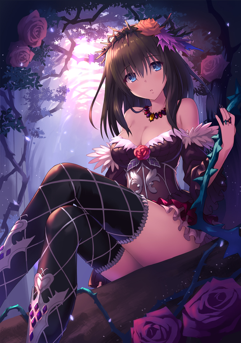 1girl bare_shoulders black_legwear black_nails blue_eyes blush breasts brown_hair collarbone crossed_legs dress flower hair_flower hair_ornament hiyori_hamu idolmaster idolmaster_cinderella_girls jewelry large_breasts long_hair looking_at_viewer nail_polish necklace plant red_rose ring rose sagisawa_fumika sitting solo strapless strapless_dress thigh-highs thorns vines