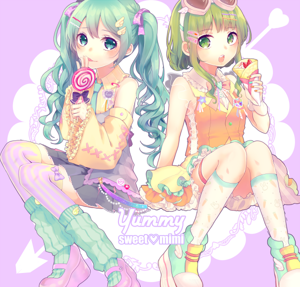 2girls aqua_eyes aqua_hair candy detached_sleeves goggles goggles_on_head green_eyes green_hair gumi hair_ornament hairclip hatsune_miku hina_(milk_ti_leaf) kneehighs lollipop long_hair multiple_girls necktie open_mouth sitting skirt socks striped striped_legwear swirl_lollipop thigh-highs twintails vertical-striped_legwear vertical_stripes vocaloid