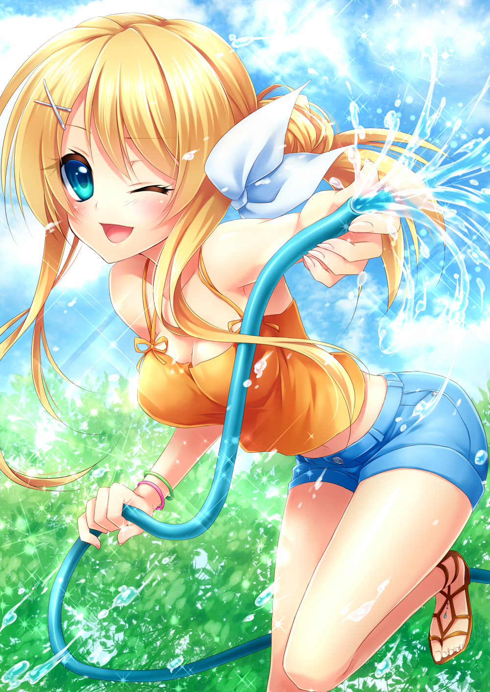 1girl bare_shoulders blonde_hair blue_eyes bow bracelet character_request denim denim_shorts hair_bow hair_ornament hairclip highres hose jewelry midriff one_eye_closed open_mouth orange_shirt sandals shirt shorts solo tagme ueno_tsuki water_drop