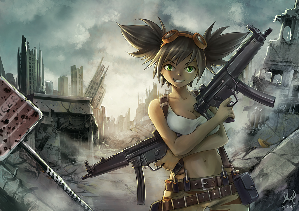 1girl 2015 borrowed_character breasts brown_hair city cleavage clouds cloudy_sky cowboy_shot crossed_arms dual_wielding goggles goggles_on_head green_eyes grin gun h&amp;k_mp5 heckler_&amp;_koch maxa' midriff navel original outdoors ruins signature sky smile solo submachine_gun suspenders twintails weapon