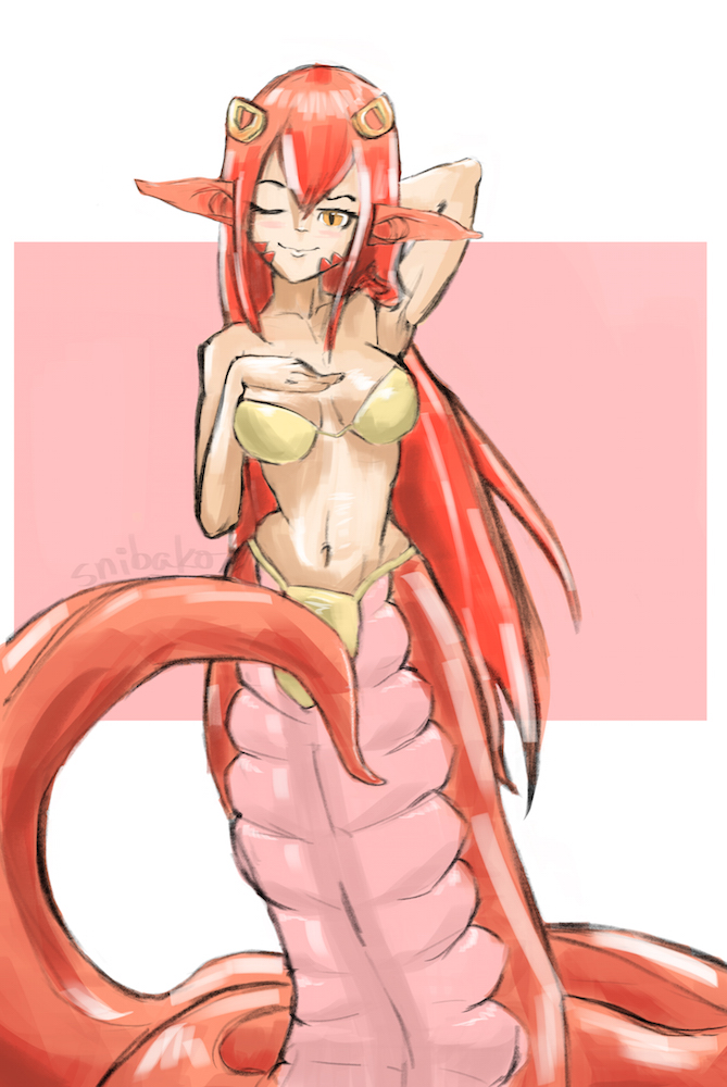 1girl arm_behind_head armpits bikini breasts breasts_apart hair_ornament hairclip hand_on_own_chest lamia long_hair miia_(monster_musume) monster_girl monster_musume_no_iru_nichijou navel one_eye_closed pointy_ears redhead scales signature sketch slit_pupils smile snake_tail snibako solo swimsuit very_long_hair yellow_eyes