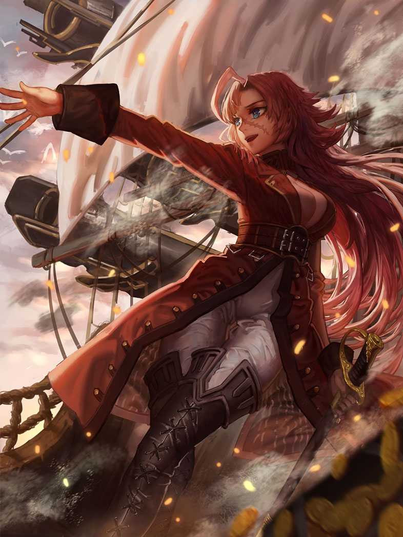 1girl ahoge blue_eyes breasts cleavage fate/extra fate_(series) long_hair maomaozi pink_hair pirate pirate_ship rider_(fate/extra) scar solo sword weapon