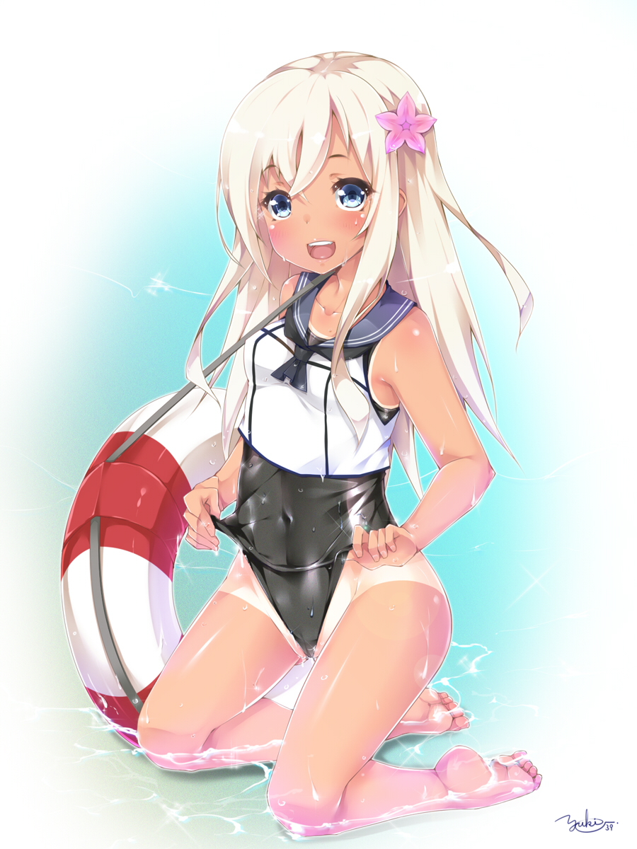 1girl :d barefoot black_swimsuit blonde_hair blue_eyes blush covered_navel flower hair_flower hair_ornament highres kantai_collection kneeling long_hair open_mouth ro-500_(kantai_collection) school_swimsuit school_uniform serafuku signature smile solo swimsuit swimsuit_under_clothes tan tanline yukinon