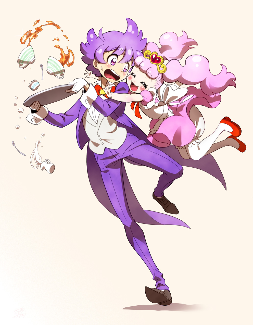 1boy 1girl aroma_(go!_princess_precure) brother_and_sister butler glomp go!_princess_precure highres hug long_hair maid personification pink_hair precure puff_(go!_princess_precure) purple_hair sakuma_sanosuke siblings smile