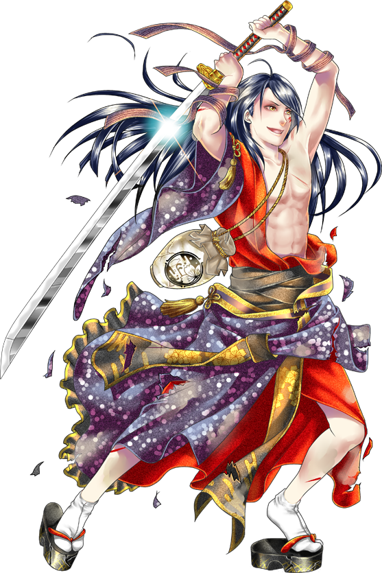1boy androgynous detached_sleeves egasumi full_body injury japanese_clothes jirou_tachi long_hair male_focus official_art ootachi open_clothes overhead_swing sandals simple_background tabi tomida_tomomi torn_clothes touken_ranbu transparent_background
