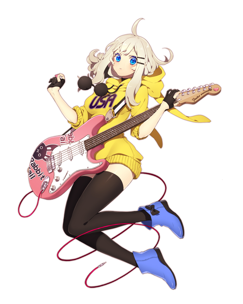 1girl ahoge animal_hood black_gloves black_legwear blue_boots blue_eyes boots bow bunny_hood cable electric_guitar fingerless_gloves gloves grey_hair guitar highres hood_removed hoodie instrument jumping looking_at_viewer ni02_(asahi_nini) original plectrum pom_pom_(clothes) simple_background solo thigh-highs white_background