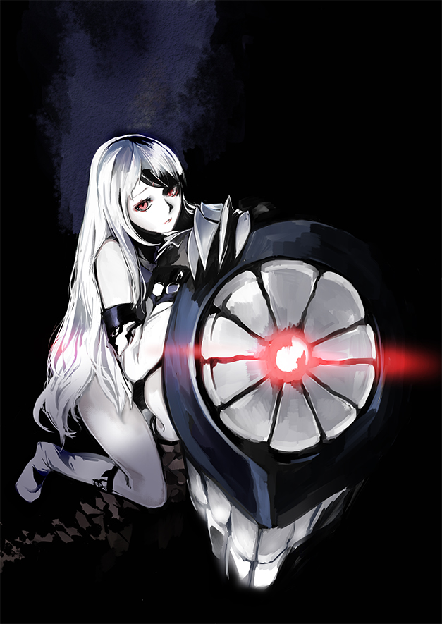 1girl atoshi bare_shoulders claws detached_sleeves kantai_collection kneeling long_hair long_sleeves ni-class_destroyer red_eyes seaport_hime shinkaisei-kan solo very_long_hair white_hair white_skin