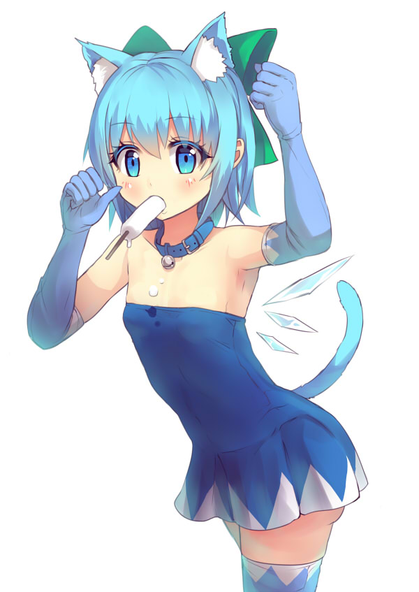 1girl animal_ears bell bell_collar blue_eyes blue_hair bow cat_ears cat_tail cirno collar culter dress dripping elbow_gloves gloves hair_bow ice kemonomimi_mode looking_at_viewer melting popsicle sexually_suggestive short_hair solo strapless_dress tail thigh-highs touhou wings zettai_ryouiki