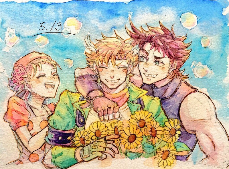 1girl 2boys aniani_(higurasihitosuzi) blonde_hair bubble caesar_anthonio_zeppeli dated flower jojo_no_kimyou_na_bouken joseph_joestar_(young) multiple_boys purple_hair sunflower suzi_quatro traditional_media watercolor_(medium)