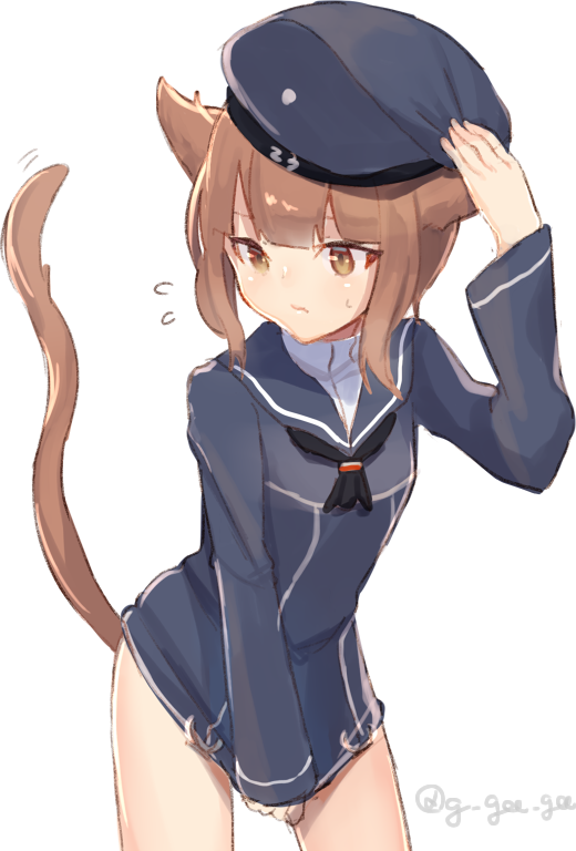 1girl animal_ears artist_name auburn_hair bare_legs beret bottomless brown_eyes brown_hair cat_ears cat_tail clothes_writing covering covering_ears flying_sweatdrops gi_(melmail) hand_on_headwear hat kantai_collection kriegsmarine military military_uniform sailor_collar sailor_dress sailor_hat short_hair tail twitter_username uniform white_background z3_max_schultz_(kantai_collection)