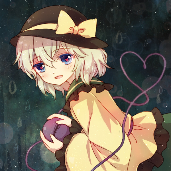 1girl black_hat bow eyeball frilled_sleeves frills green_background grey_hair hat hat_bow heart heart-shaped_pupils heart_of_string holding komeiji_koishi lilith_(lilithchan) platinum_blonde short_hair smile solo string symbol-shaped_pupils third_eye touhou wide_sleeves yellow_bow