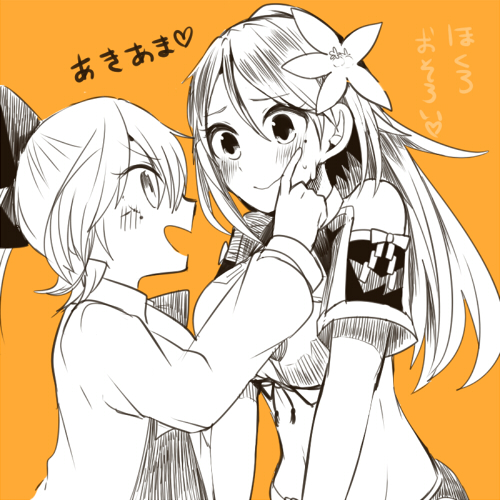2girls amagi_(kantai_collection) asashimo_(kantai_collection) bare_shoulders embarrassed hair_between_eyes hair_ribbon height_difference itomugi-kun kantai_collection long_hair looking_at_another lowres midriff mole mole_under_eye multiple_girls orange_background pointing ribbon side_ponytail simple_background v_arms wavy_mouth