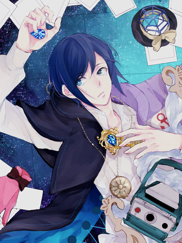 1boy blue_background blue_eyes blue_hair bow camera coat expressionless gem gloves gloves_removed hat hat_removed headwear_removed jewelic_nightmare jewelry key male_focus necklace nobotan38 object_namesake pink_gloves saphy_(jewelic_nightmare) shirt solo sumihara_aoshi tears yellow_bow