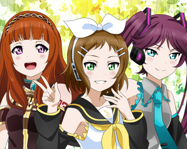 3girls a-rise blue_eyes bow brown_hair cosplay detached_sleeves green_eyes grin hair_bow hair_ornament hairclip hatsune_miku hatsune_miku_(cosplay) headset kagamine_rin kagamine_rin_(cosplay) kira_tsubasa love_live!_school_idol_project maguroido megurine_luka megurine_luka_(cosplay) mole mole_under_eye multiple_girls necktie open_mouth purple_hair redhead sailor_collar smile toudou_erena twintails upper_body v violet_eyes vocaloid yuuki_anju