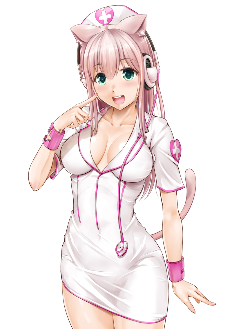 1girl :d animal_ears blush bracelet breasts cat_ears cat_tail covered_navel ganari_ryuu green_eyes hat headphones heart jewelry long_hair nurse nurse_cap open_mouth pink_hair simple_background smile solo stethoscope super_tama_musume tail tamatoys white_background