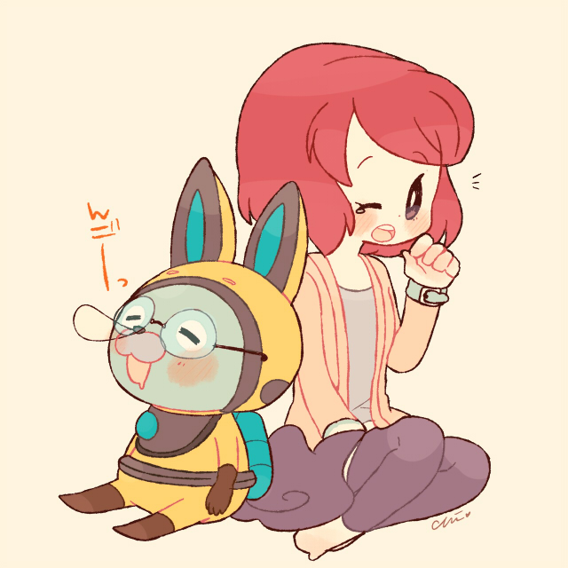 1girl artist_name bespectacled chiyoko_(oman1229) closed_eyes glasses helmet misora_inaho no_glasses nose_bubble one_eye_closed open_mouth rabbit redhead short_hair simple_background sleeping spacesuit usapyon watch watch youkai youkai_watch youkai_watch_3