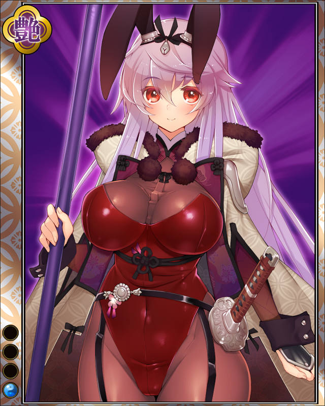 1girl animal_ears artist_request blush breasts bunnysuit card_(medium) cloak covered_navel cowboy_shot jpeg_artifacts katana large_breasts long_hair looking_at_viewer official_art orange_eyes pantyhose purple_background purple_hair rabbit_ears sengoku_bushouki_muramasa sheath sheathed shippou_(pattern) smile solo sword thigh_gap toudou_takatora_(sengoku_bushouki_muramasa) very_long_hair weapon