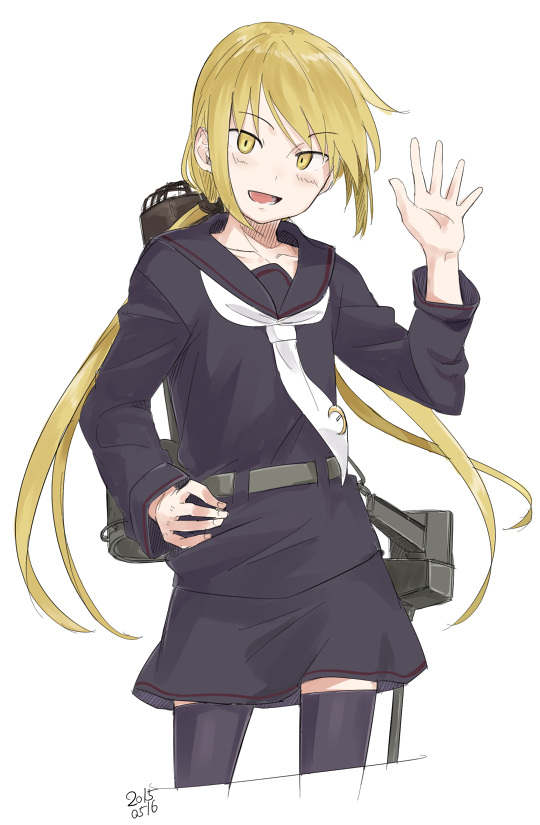 1girl bangs blonde_hair cowboy_shot hand_on_hip kantai_collection kawashina_(momen_silicon) long_hair long_sleeves looking_at_viewer low_twintails machinery neckerchief open_mouth satsuki_(kantai_collection) school_uniform serafuku simple_background skirt smile solo thigh-highs twintails white_background yellow_eyes