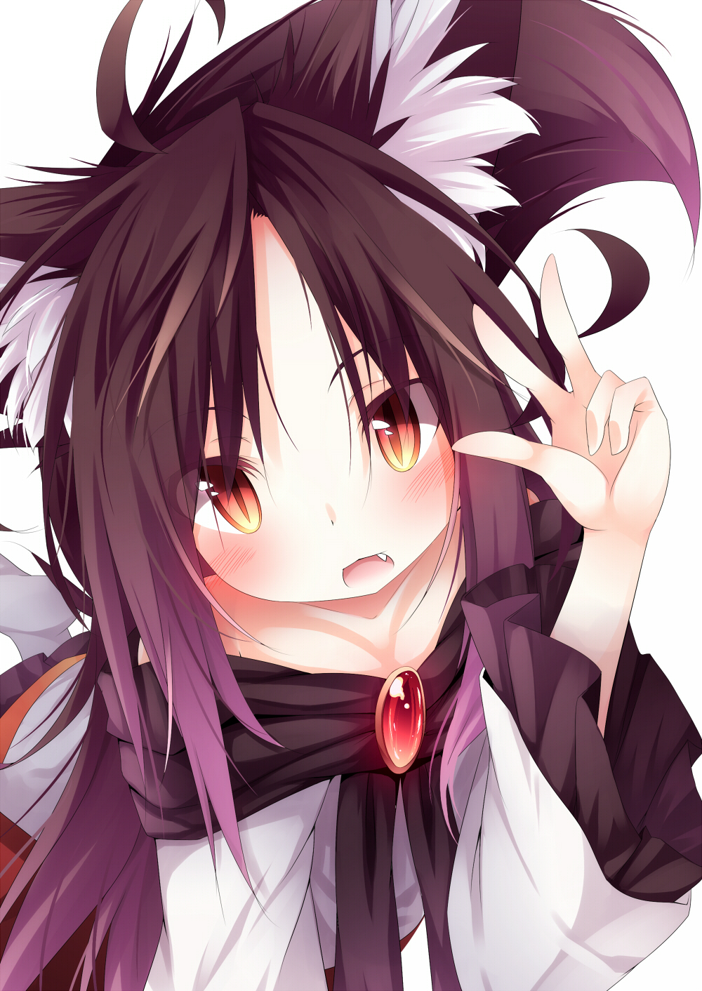 1girl animal_ears brooch brown_hair daidai_ookami fang highres imaizumi_kagerou jewelry long_hair long_sleeves looking_at_viewer open_mouth red_eyes shirt skirt slit_pupils solo tail touhou very_long_hair werewolf wide_sleeves wolf_ears wolf_tail