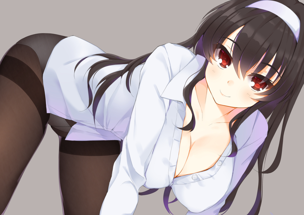 1girl black_hair black_legwear breasts crotch_seam hairband hym9594 kasumigaoka_utaha long_hair looking_at_viewer pantyhose red_eyes saenai_heroine_no_sodatekata school_uniform smile solo thighband_pantyhose