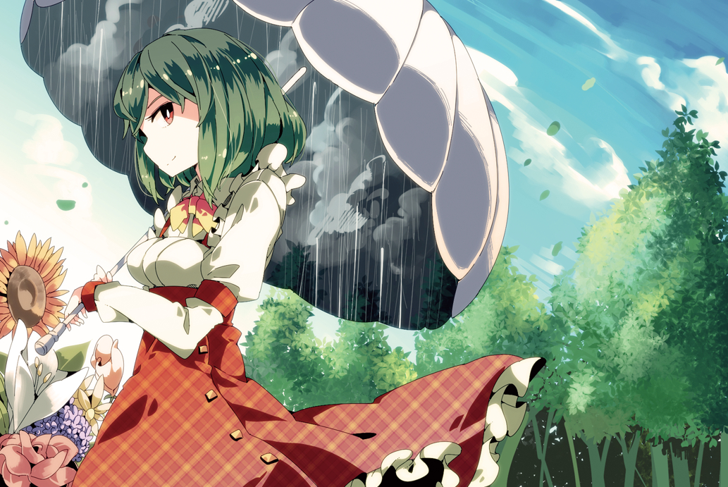 1girl adapted_costume blue_sky clouds cloudy_sky dress flower forest green_hair juliet_sleeves kazami_yuuka long_sleeves looking_at_viewer nature parasol puffy_sleeves rain red_dress red_eyes shirt sky solo touhou umbrella yoshinaga_p