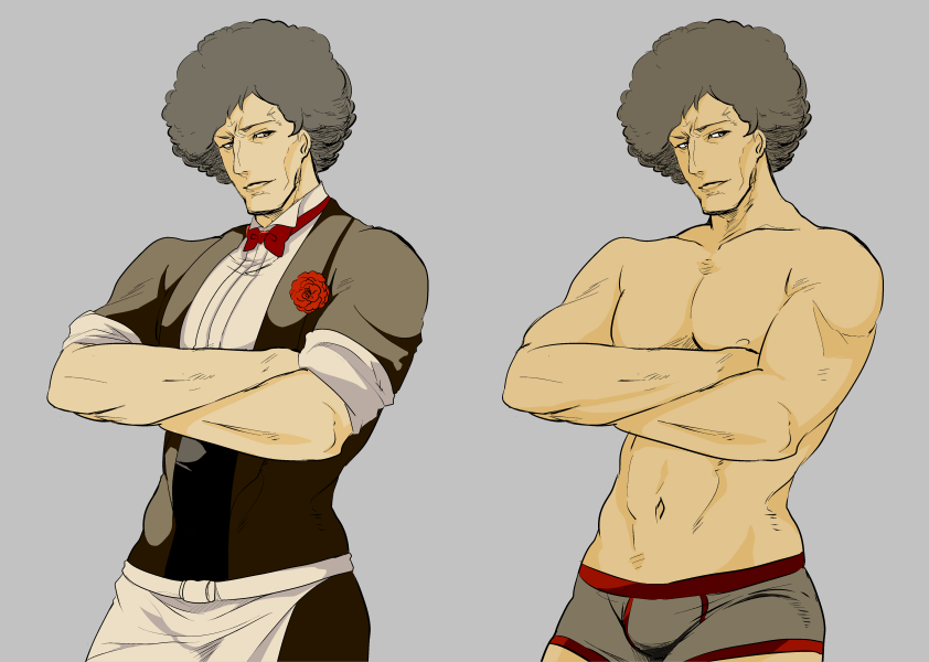 1boy afro apron black_hair bowtie corsage crossed_arms flower gyakuten_kenji gyakuten_kenji_2 issei_tenkai muscle pncnmmm shirtless