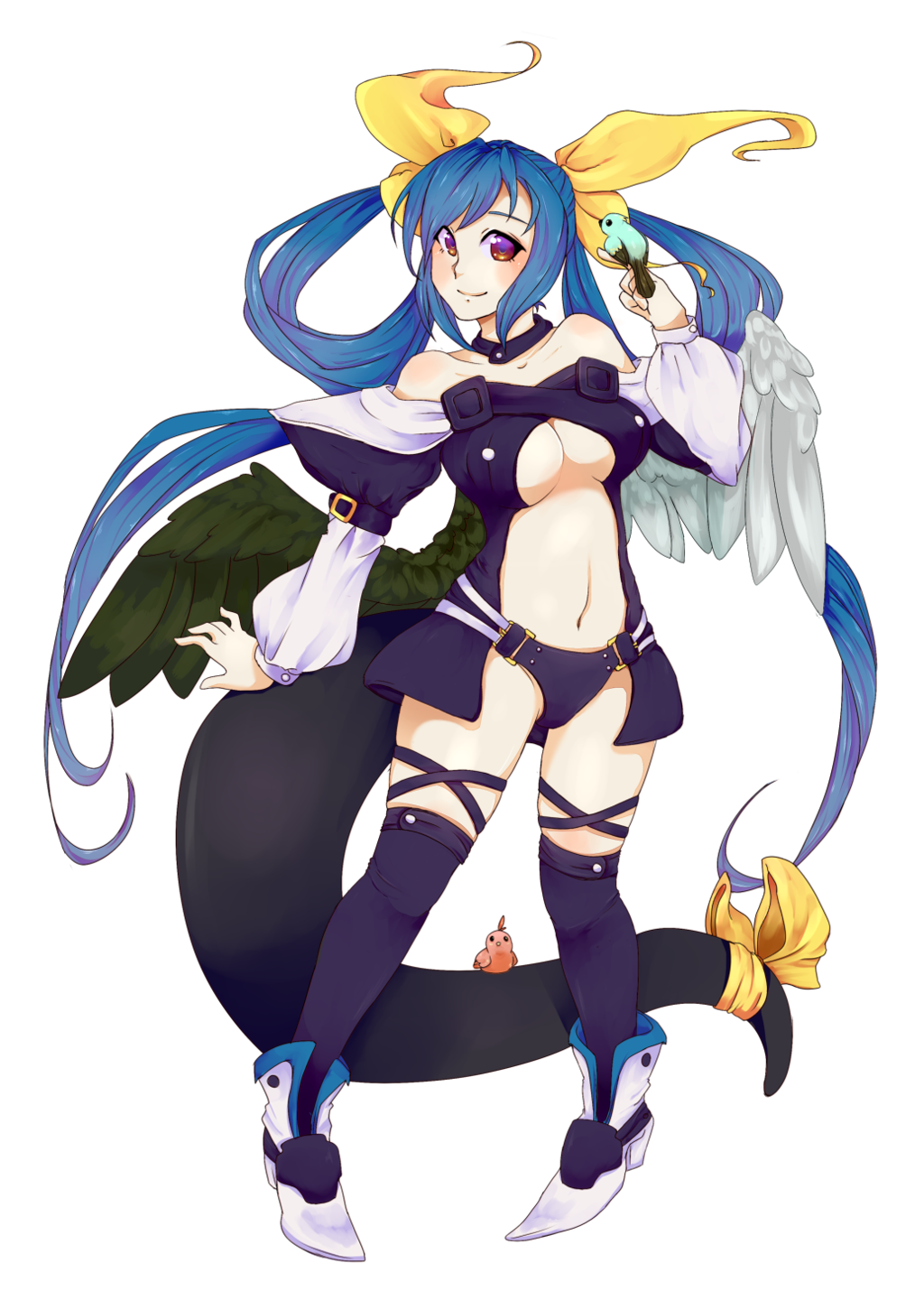 1girl asymmetrical_wings bare_shoulders bird bird_on_hand black_legwear blue_hair blush bow breasts choker collarbone detached_sleeves dizzy feathered_wings feathers full_body green_wings guilty_gear hair hair_ribbon hair_rings highres long_hair long_sleeves looking_at_viewer midriff navel pigeon-toed red_eyes ribbon smile solo standing tail tail_ribbon thigh-highs thighs very_long_hair white_wings wings yellow_bow yellow_ribbon zolanka