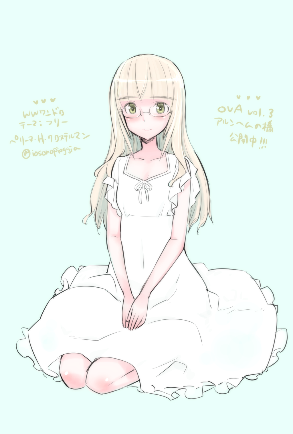 1girl amefre blonde_hair blush collarbone dress glasses highres long_hair looking_at_viewer perrine_h_clostermann ribbon sitting smile solo strike_witches twitter_username white_dress white_ribbon yellow_eyes