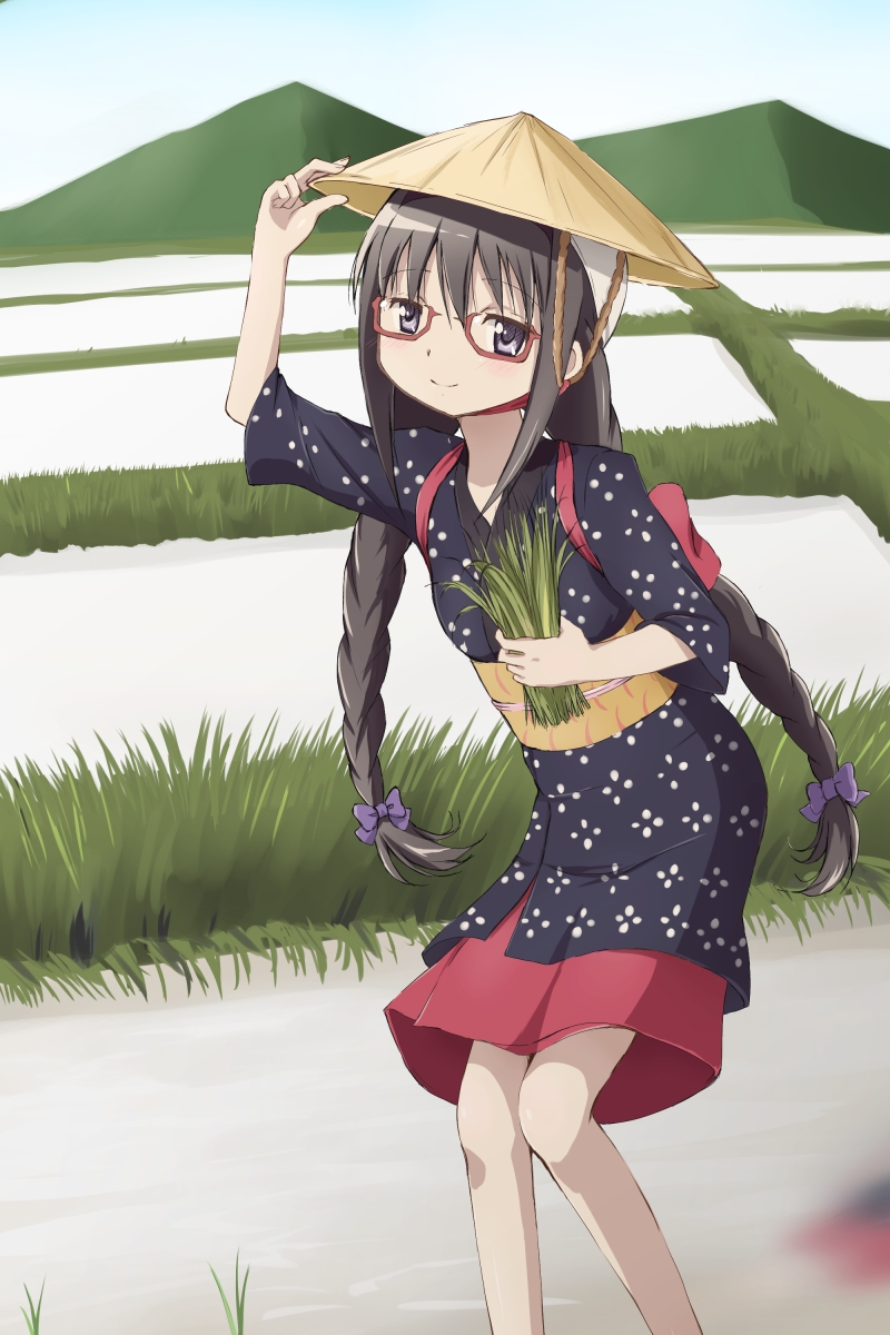 1girl akemi_homura black_hair braid farm farmer glasses hat highres japanese_clothes kinfuji long_hair mahou_shoujo_madoka_magica rice_paddy rice_planting twin_braids twintails violet_eyes