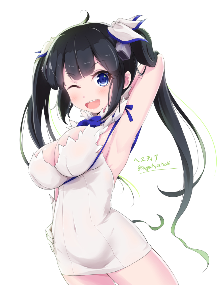 1girl black_hair blue_eyes breasts cleavage dress dungeon_ni_deai_wo_motomeru_no_wa_machigatteiru_darou_ka gloves hair_ribbon hestia_(danmachi) large_breasts long_hair looking_at_viewer one_eye_closed open_mouth panikuru_yuuto rei_no_himo ribbon smile solo twintails white_dress white_gloves