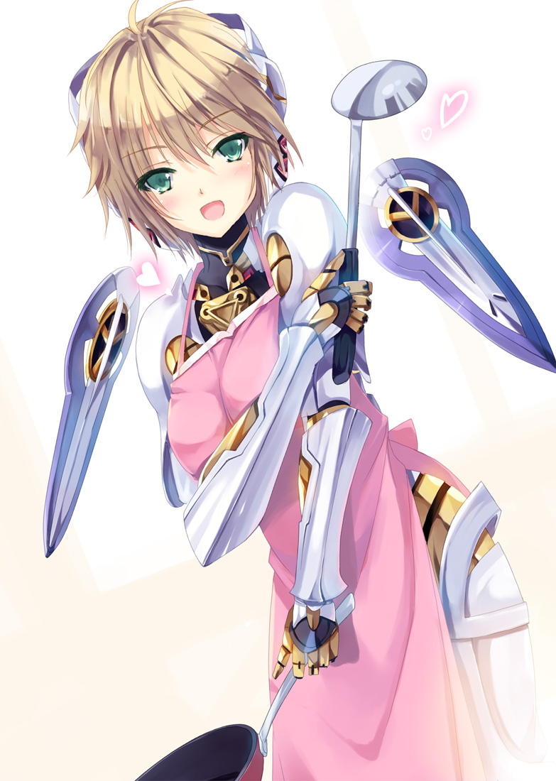 1girl apron blonde_hair cyborg fiorun green_eyes heart hinot ladle short_hair solo spoilers xenoblade