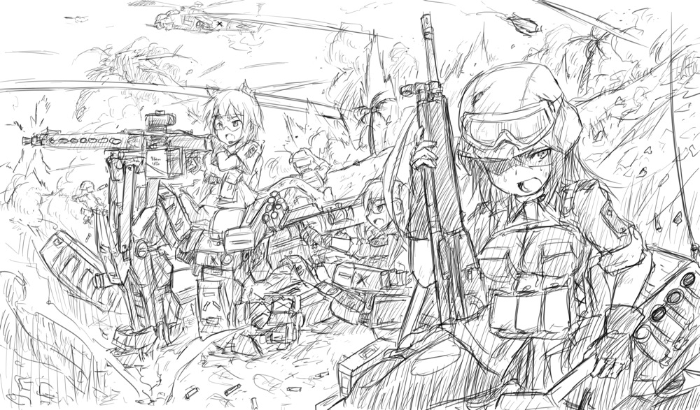 120mm_rheinmetall_l55 2boys 3girls animal_ears assault_rifle battle battle_rifle explosion gloves goggles goggles_on_head gun h&amp;k_g3 headset helicopter helmet kneeling machine_gun mecha_musume mg3 military military_uniform military_vehicle multiple_boys multiple_girls ogitsune_(ankakecya-han) original panties pantyhose reclining rifle sketch soldier strike_witches strike_witches_1991 striker_unit tagme tail tank thigh-highs torn_clothes torn_pantyhose underwear uniform vehicle war weapon