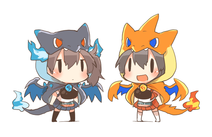 2girls akagi_(kantai_collection) black_hair blue_eyes blue_fire blush brown_hair charizard chibi costume crossover fang fire kaga_(kantai_collection) kantai_collection long_hair mega_charizard_x mega_charizard_y multiple_girls open_mouth pokemon rebecca_(keinelove) red_eyes short_hair side_ponytail smile solid_oval_eyes tail wings