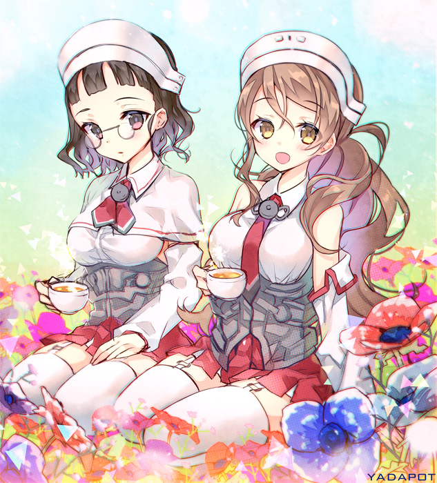 2girls artist_name ascot bangs bare_shoulders blunt_bangs brown_eyes brown_hair capelet cup detached_sleeves field flower flower_field glasses headdress kantai_collection light_brown_hair littorio_(kantai_collection) looking_at_viewer multiple_girls necktie pleated_skirt ponytail red_skirt roma_(kantai_collection) round_glasses seiza short_hair sitting skirt teacup thigh-highs wavy_hair white_legwear yadapot