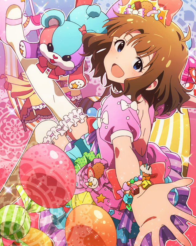 1girl blue_eyes bracelet brown_hair crown dress food_themed_ornament frilled_thighighs idolmaster idolmaster_million_live! jewelry looking_at_viewer musical_note official_art short_hair smile suou_momoko sweets thigh-highs