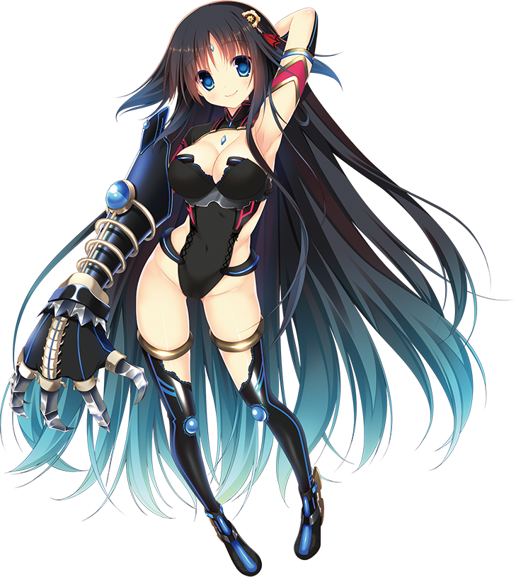 1girl arm_behind_back armlet armpits bangs bindi black_hair blue_eyes boots breasts cleavage covered_navel full_body gauntlets gradient_hair hair_ornament hatori_piyoko highleg highleg_leotard leotard long_hair looking_at_viewer multicolored_hair nefertia_demonar_odinus official_art pigeon-toed side_cutout simple_background skin_tight smile solo standing thigh-highs thigh_boots very_long_hair white_background yoroi_no_himegimi-tachi