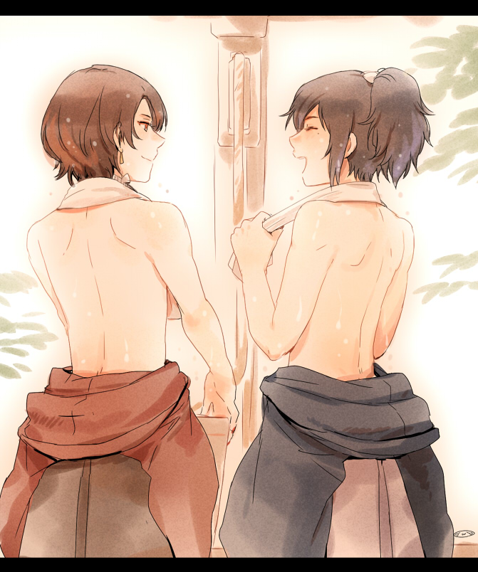 2boys brown_hair closed_eyes earrings from_behind high_ponytail japanese_clothes jewelry kashuu_kiyomitsu letterboxed light_smile long_hair male_focus mizuhara_aki mole mole_under_eye multiple_boys nail_polish open_mouth ponytail purple_hair red_nails shirtless touken_ranbu yamato-no-kami_yasusada