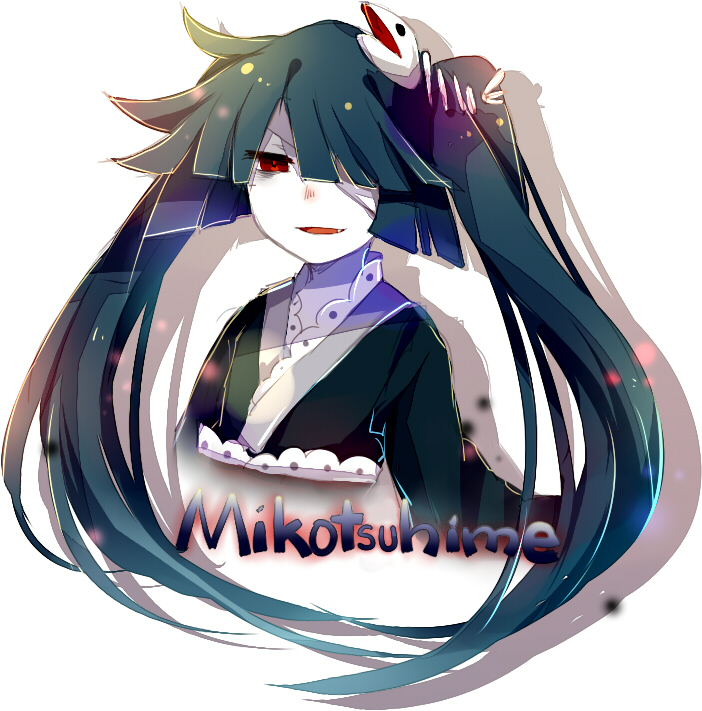 1girl bangs black_hair bow character_name fang fish_bone hair_ornament japanese_clothes kimono mary_(14476764) mikotsuhime obi oounabara_to_wadanohara open_mouth payot red_eyes sash shadow smile solo twintails upper_body