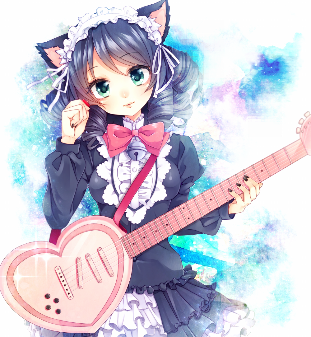 1girl animal_ears bell blue_hair bowtie cat_ears curly_hair cyan_(show_by_rock!!) green_eyes guitar headdress heart heart_guitar instrument looking_at_viewer nail_polish short_hair show_by_rock!! skirt solo wakatsuki_you