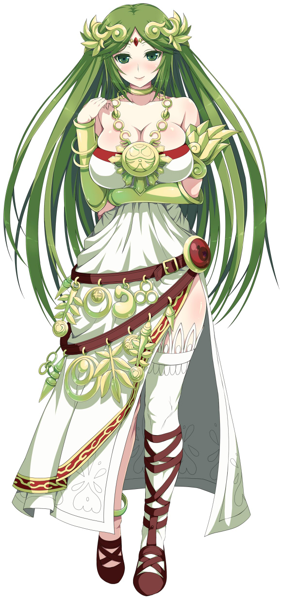 1girl bare_shoulders choker circlet collarbone d_kurouri green_eyes green_hair highres jewelry kid_icarus long_hair necklace palutena single_thighhigh solo thigh-highs very_long_hair