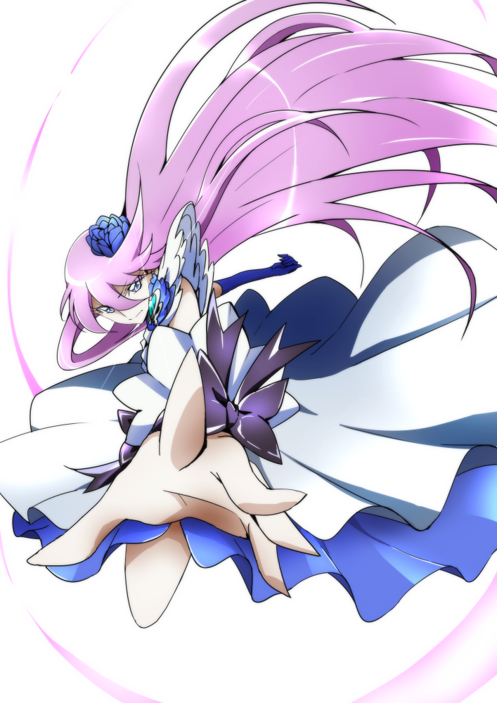 1girl black_bow blue_eyes blue_rose bow brooch cure_moonlight dress flower gacchahero hair_flower hair_ornament heartcatch_precure! jewelry long_hair magical_girl outstretched_hand precure purple_hair rose serious single_elbow_glove solo tsukikage_yuri white_background