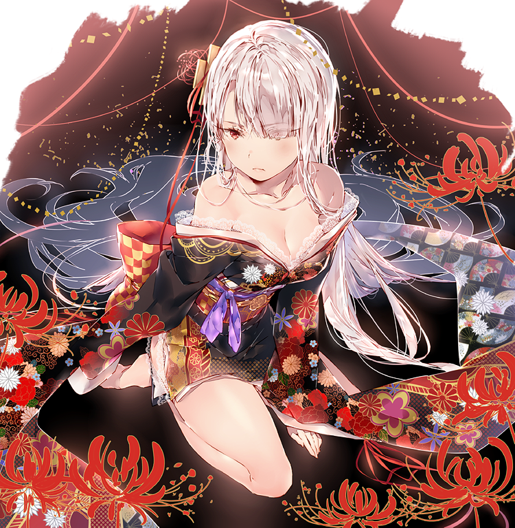 1girl breasts cleavage dsmile eyes_visible_through_hair flower hair_flower hair_ornament hair_over_one_eye japanese_clothes kimono lace-trimmed_kimono long_hair off_shoulder original red_eyes short_kimono side_slit silver_hair sitting solo spider_lily very_long_hair very_long_sleeves