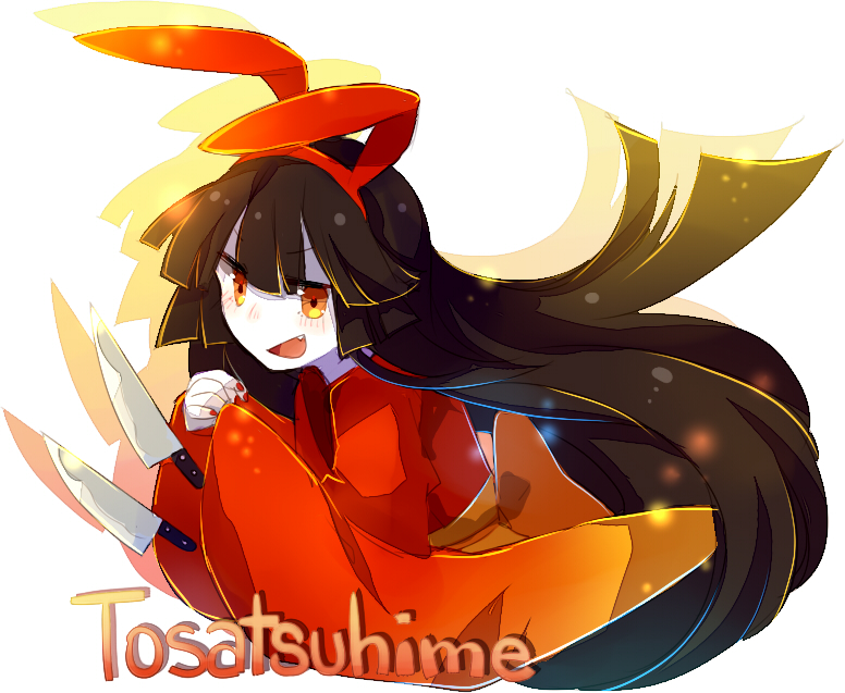 1girl animal_ears bangs black_hair blush character_name fang japanese_clothes kimono knife long_hair mary_(14476764) oounabara_to_wadanohara open_mouth orange_eyes payot rabbit_ears shadow smile solo tosatsuhime upper_body